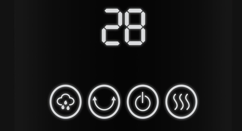 Wyświetlacz pokazuje cyfrę 28, poniżej znajdują się cztery ikony: krople, strzałki w okręgu, przycisk zasilania i trzy fale.