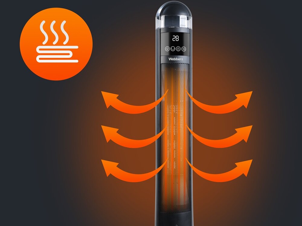 Obraz przedstawia czarny grzejnik ceramiczny z wyświetlaczem pokazującym liczbę 28 i logo \'Webber\'. Wokół grzejnika widoczne są pomarańczowe strzałki symbolizujące rozchodzące się ciepło, a w rogu znajduje się ikona z trzema falami ciepła.