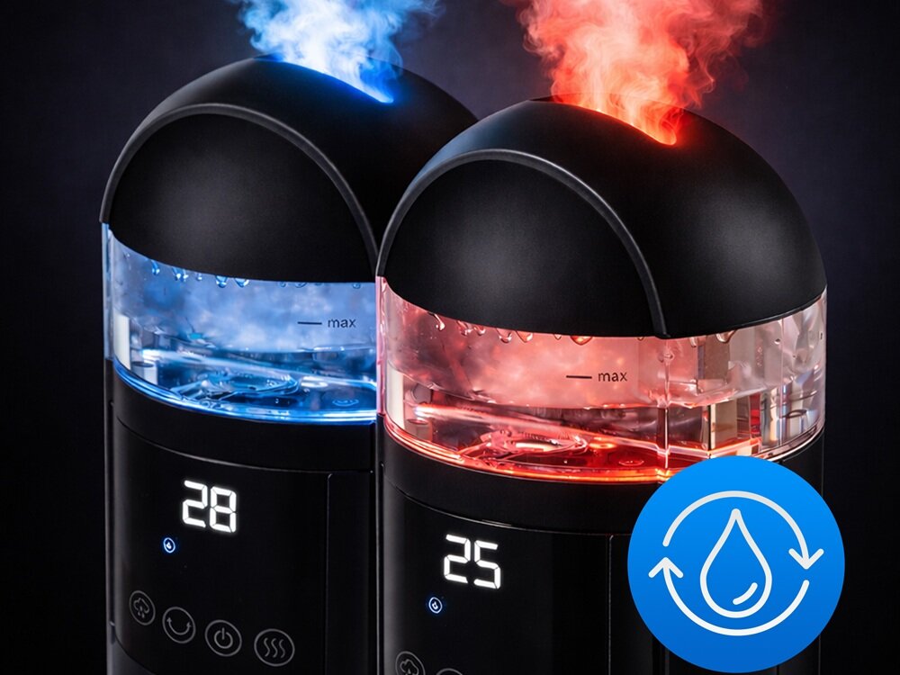 Dwa czarne urządzenia z przezroczystymi zbiornikami, z których jedno emituje niebieską, a drugie czerwoną parę. Na wyświetlaczach widoczne są liczby 28 i 25, a obok znajduje się niebieska ikona z symbolem kropli wody i strzałkami.