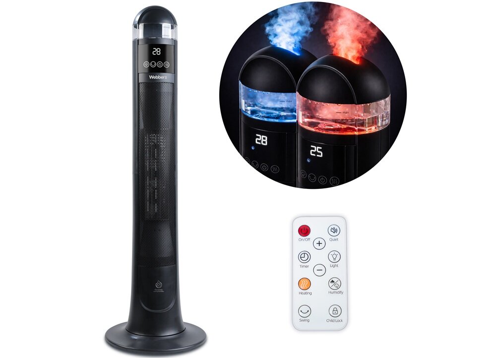 Na obrazie widoczny jest czarny, smukły grzejnik z wyświetlaczem pokazującym temperaturę \'28\' oraz logo \'Webber\'. Obok znajduje się okrągłe zdjęcie dwóch urządzeń z parą w kolorach niebieskim i czerwonym oraz pilot z przyciskami, w tym \'ON/OFF\', \'Timer\', \'Heating\', \'Humidify\'.