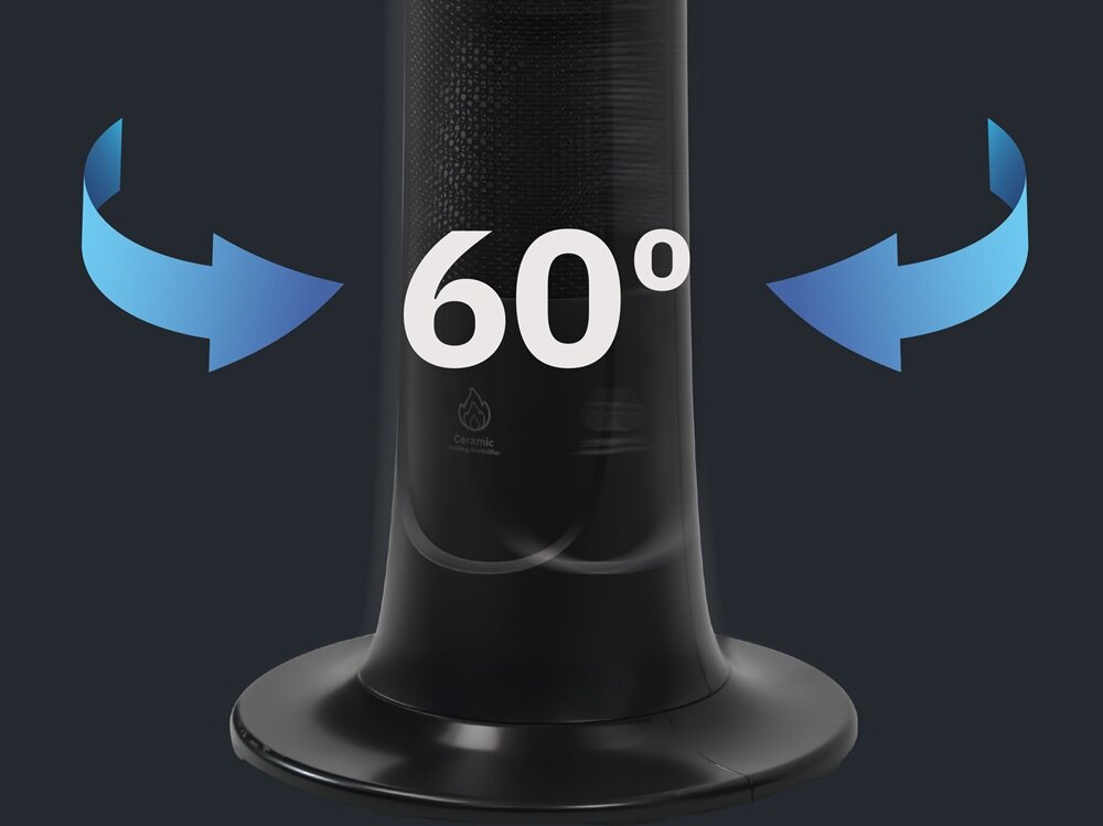 Czarny grzejnik ceramiczny z napisem \'60°\' i symbolami wskazującymi obrót. Widoczne są niebieskie strzałki po obu stronach grzejnika.