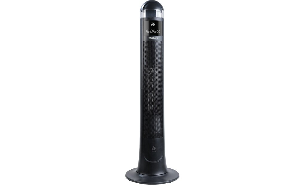 Czarny, smukły grzejnik ceramiczny z wyświetlaczem pokazującym liczbę 28 i logo \'Webber\'. Urządzenie stoi na okrągłej podstawie i ma kilka przycisków dotykowych pod wyświetlaczem.