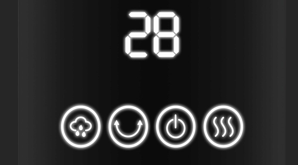 Wyświetlacz pokazuje cyfrę 28, poniżej znajdują się cztery ikony: krople, strzałki w okręgu, przycisk zasilania i fale ciepła.