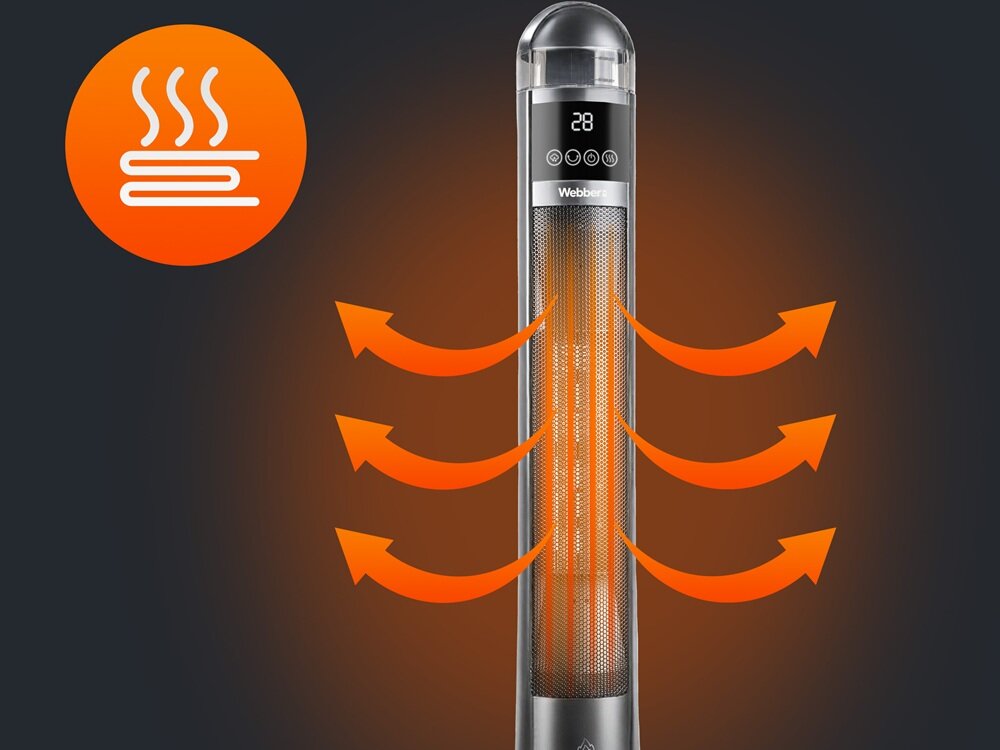 Obraz przedstawia grzejnik ceramiczny z wyświetlaczem pokazującym liczbę 28 oraz logo Webber. Wokół grzejnika widoczne są pomarańczowe strzałki symbolizujące rozchodzące się ciepło, a w lewym górnym rogu znajduje się ikona z trzema falami nad prostokątem.