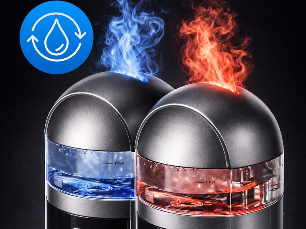 Na obrazie widoczne są dwa urządzenia z półprzezroczystymi zbiornikami, z których jedno emituje niebieską parę, a drugie czerwoną. Obok znajduje się niebieska ikona z symbolem kropli wody i strzałkami wokół niej.