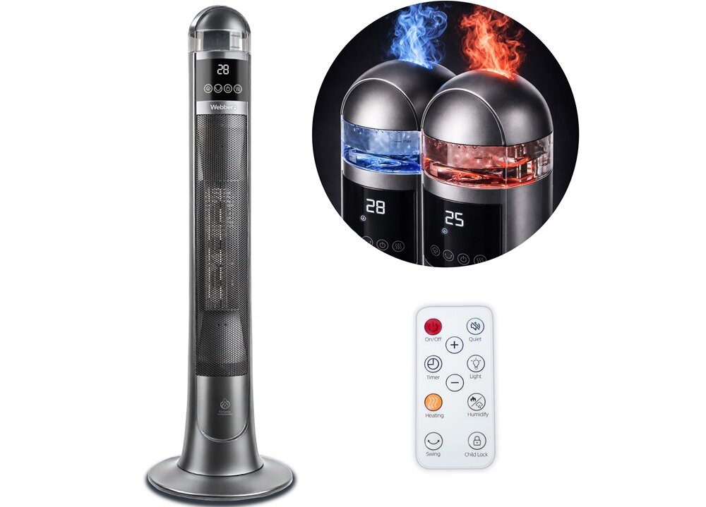 Na obrazie widoczny jest wysoki, czarny grzejnik z wyświetlaczem pokazującym liczbę 28 oraz logo \'Webber\'. Obok znajduje się okrągłe zdjęcie dwóch urządzeń z niebieskim i czerwonym światłem oraz pilot z przyciskami i symbolami funkcji.