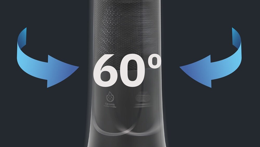 Obraz przedstawia fragment grzejnika ceramicznego z napisem \'60°\' oraz dwoma niebieskimi strzałkami wskazującymi obrót. Na grzejniku widoczne są ikony z napisem \'Ceramic\'.