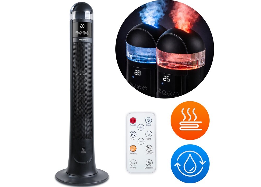 Na obrazie widoczny jest czarny grzejnik ceramiczny z wyświetlaczem pokazującym \'28\' oraz logo \'Webber\'. Obok znajduje się pilot z przyciskami oraz ikony symbolizujące funkcje grzania i nawilżania powietrza.