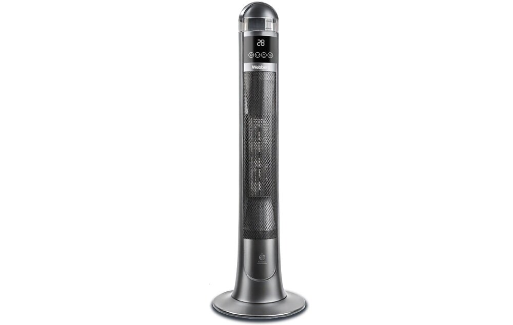 Wysoki, smukły grzejnik ceramiczny w kolorze szarym z wyświetlaczem pokazującym liczbę 28 i logo \'Webber\'. Urządzenie stoi na okrągłej podstawie i posiada panel z kilkoma ikonami.