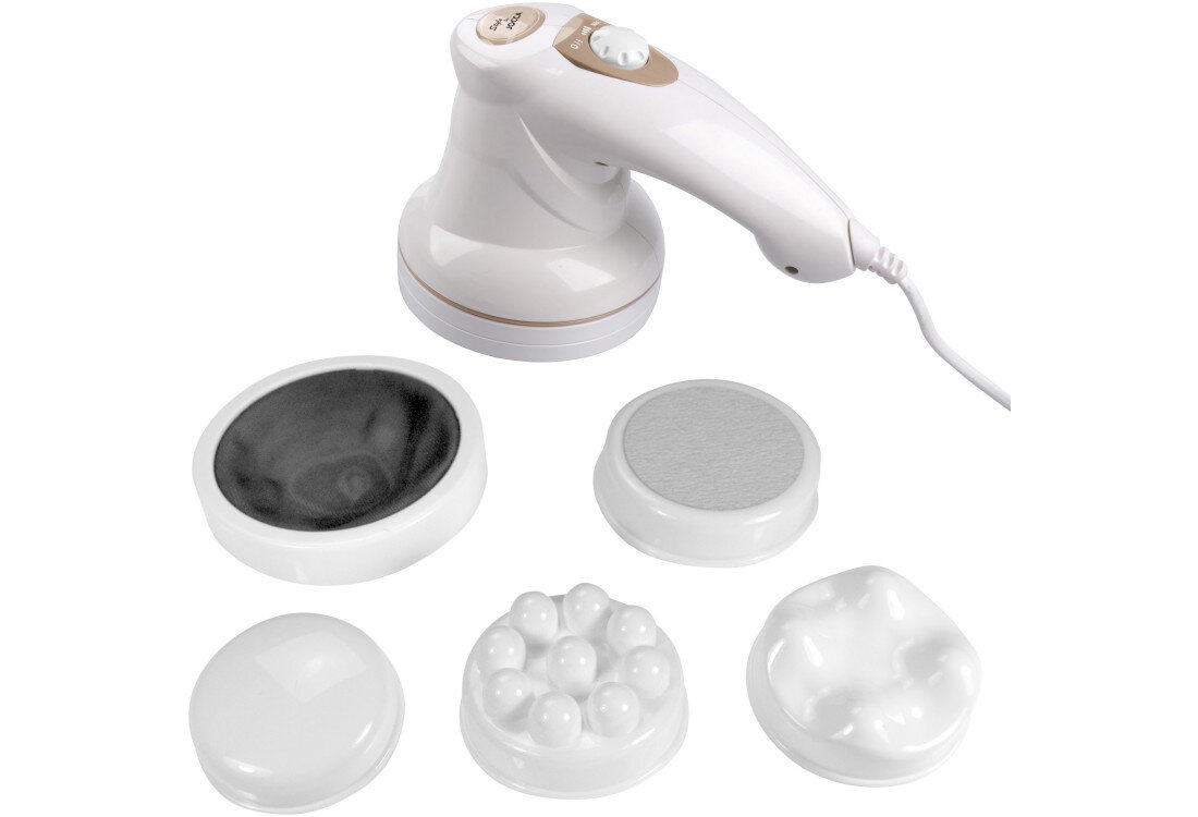 Masażer JOCCA Handheld Body Massager 6017 zdjęcie lifestyle 5 wymiennych końcówek Pięć nakładek dopasowanie partie ciała Końcówka kulkowa falista peelingująca płaska siatkowa