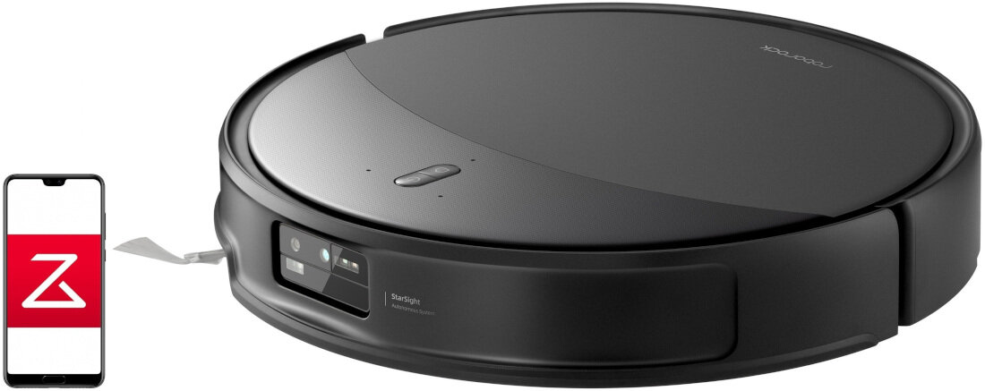 Czarny robot sprzątający o okrągłym kształcie z widocznym logo \'roborock\' na górze. Obok znajduje się smartfon z aplikacją i czerwonym logo w kształcie litery \'Z\'.