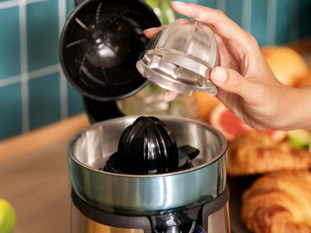 Wyciskarka do cytrusów CECOTEC EssentialVita Hyden dwa stożki, ze stali nierdzewnej, z tworzywa sztucznego, wyjmowane elementy