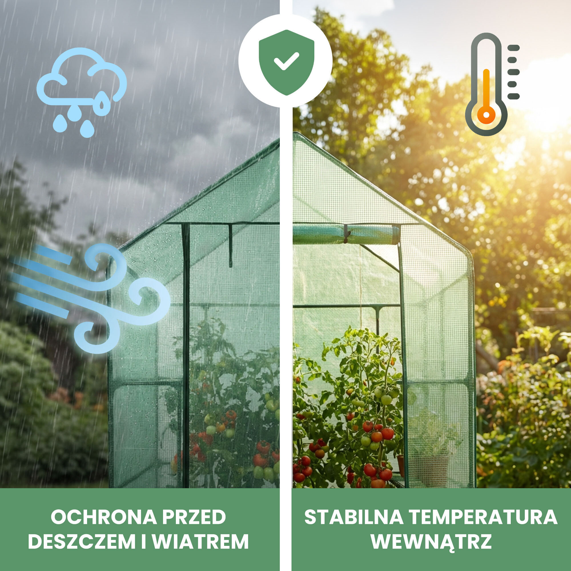 Obraz przedstawia mini szklarnię ogrodową podzieloną na dwie części. Po lewej stronie widoczna jest ochrona przed deszczem i wiatrem, a po prawej stabilna temperatura wewnątrz, z tekstami: \'OCHRONA PRZED DESZCZEM I WIATREM\' oraz \'STABILNA TEMPERATURA WEWNĄTRZ\'.