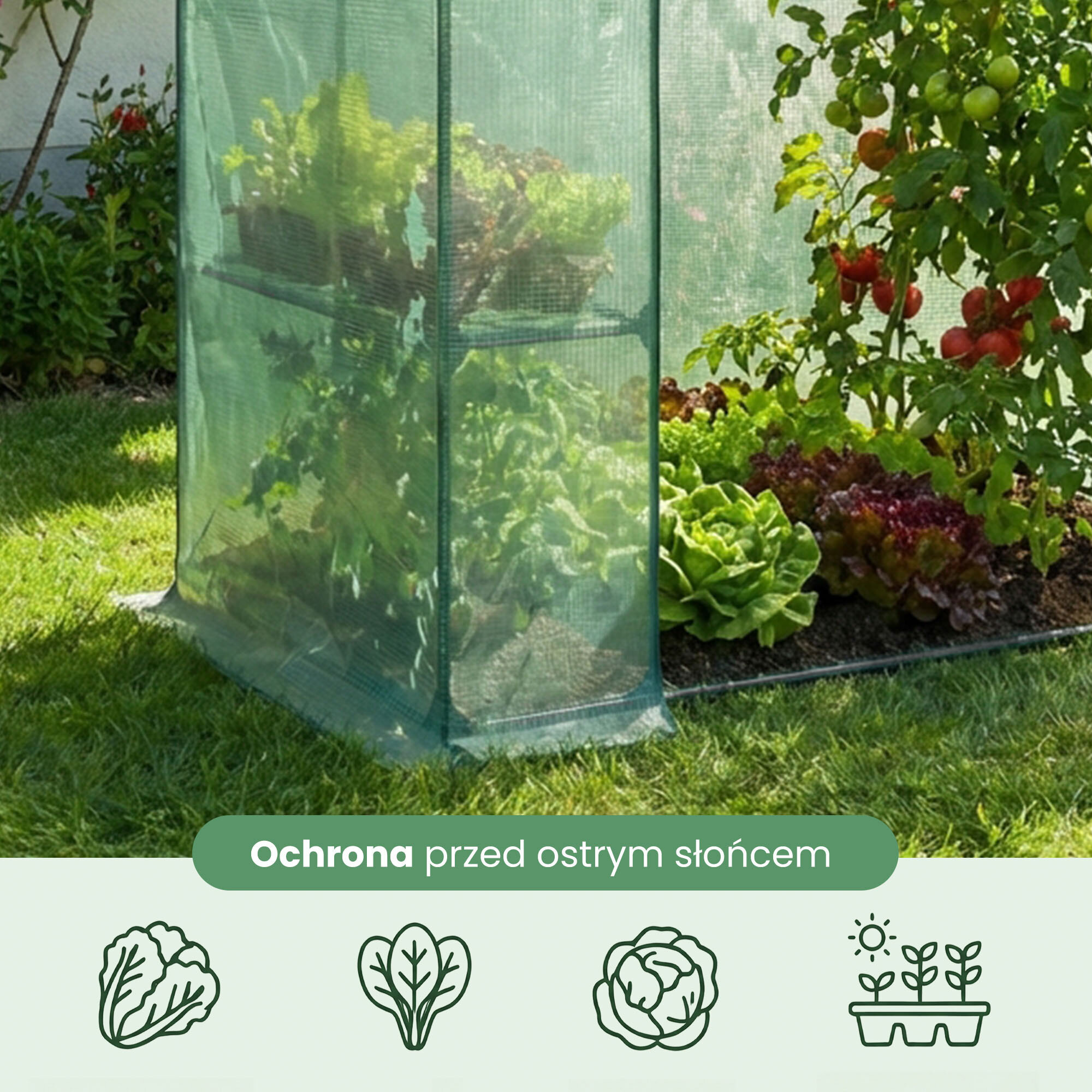 Na obrazie widoczna jest zielona mini szklarnia ogrodowa z półkami, wypełniona roślinami. Na dole znajduje się napis: \'Ochrona przed ostrym słońcem\' oraz ikony przedstawiające warzywa i rośliny.