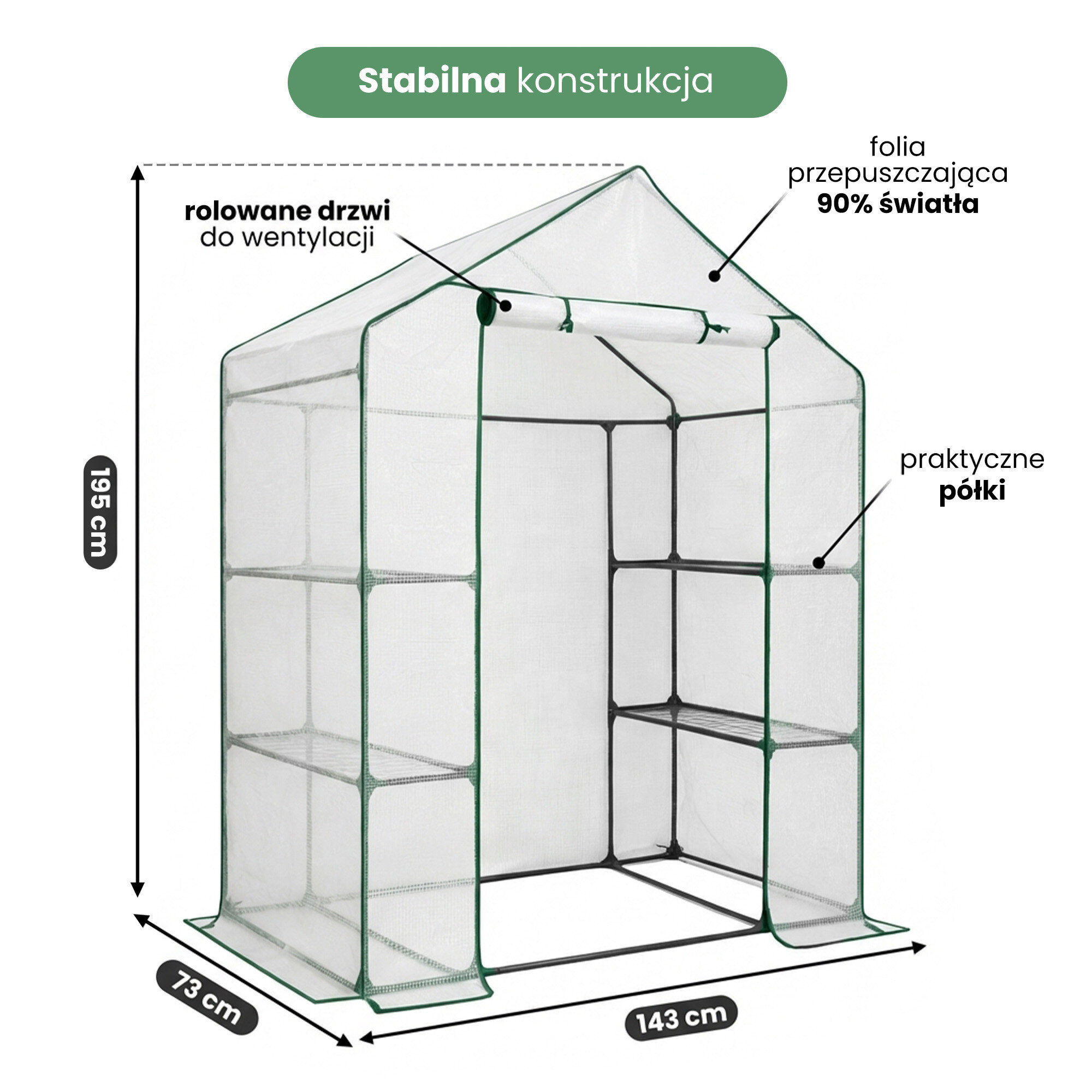 Na obrazie widoczna jest biała mini szklarnia ogrodowa z półkami i rolowanymi drzwiami. Wymiary to 143 cm szerokości, 73 cm głębokości i 195 cm wysokości, a folia przepuszcza 90% światła.