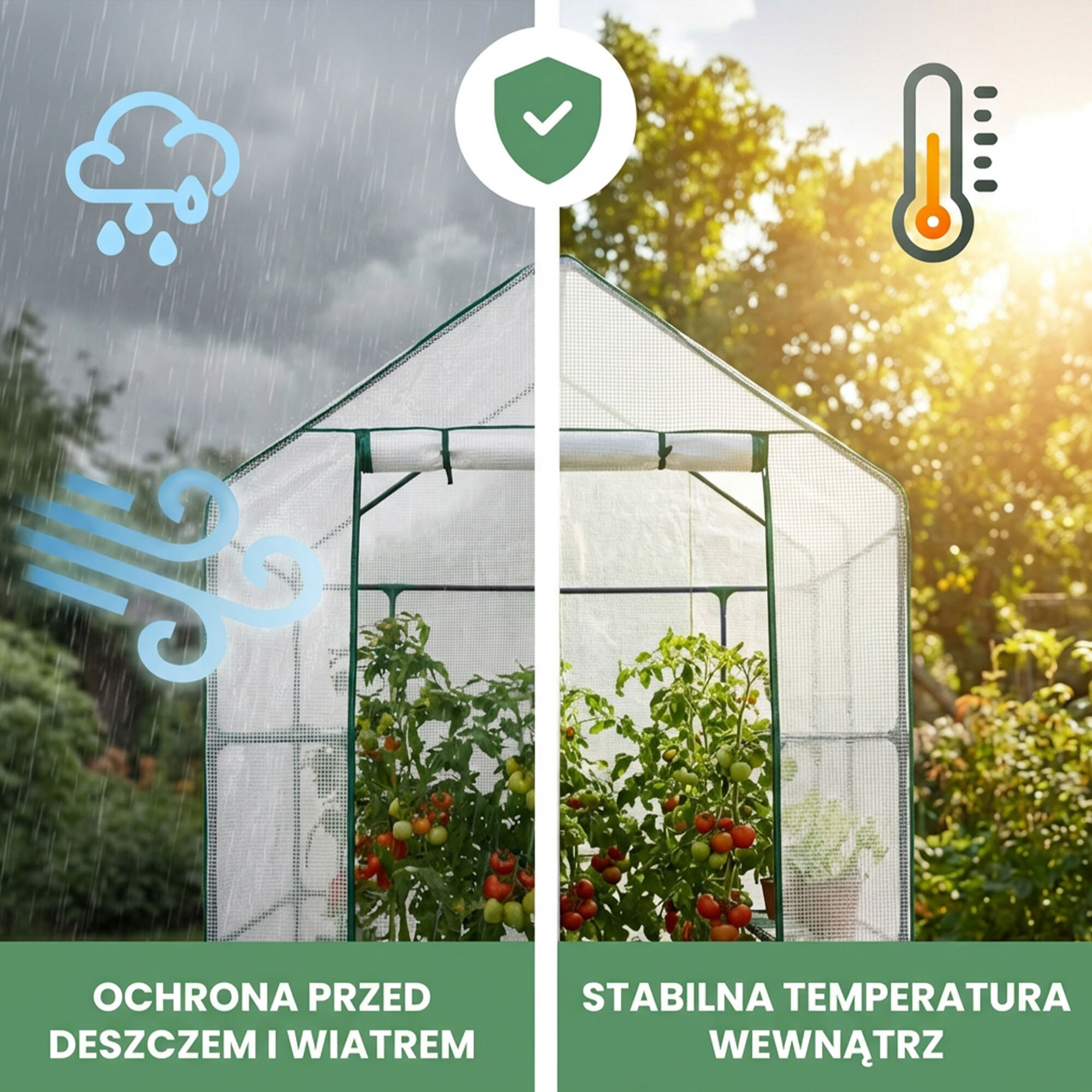 Obraz przedstawia mini szklarnię ogrodową foliową z roślinami w środku, podzieloną na dwie części. Po lewej stronie widoczny jest deszcz i wiatr z tekstem \'Ochrona przed deszczem i wiatrem\', a po prawej słońce z tekstem \'Stabilna temperatura wewnątrz\'.