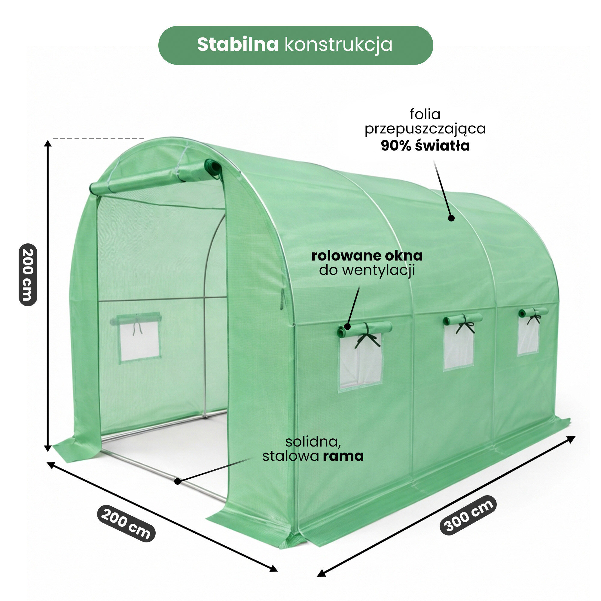 Zielony tunel foliowy ogrodowy o wymiarach 200x300x200 cm z jednymi drzwiami i sześcioma oknami. Na obrazie widoczne są napisy: \'Stabilna konstrukcja\', \'folia przepuszczająca 90% światła\', \'rolowane okna do wentylacji\', \'solidna, stalowa rama\'.
