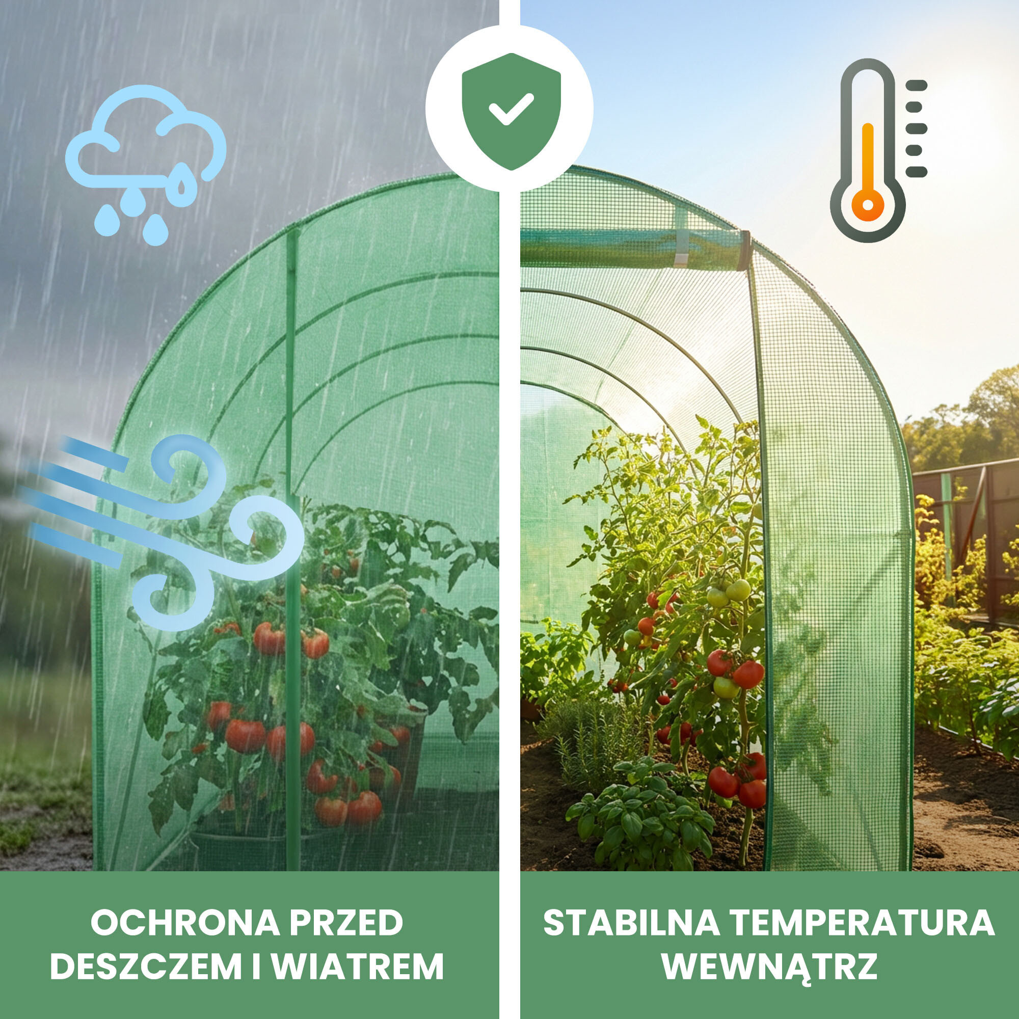 Obraz przedstawia zielony tunel foliowy z pomidorami, podzielony na dwie części. Po lewej stronie widoczne są symbole deszczu i wiatru z napisem \'Ochrona przed deszczem i wiatrem\', a po prawej termometr z napisem \'Stabilna temperatura wewnątrz\'.