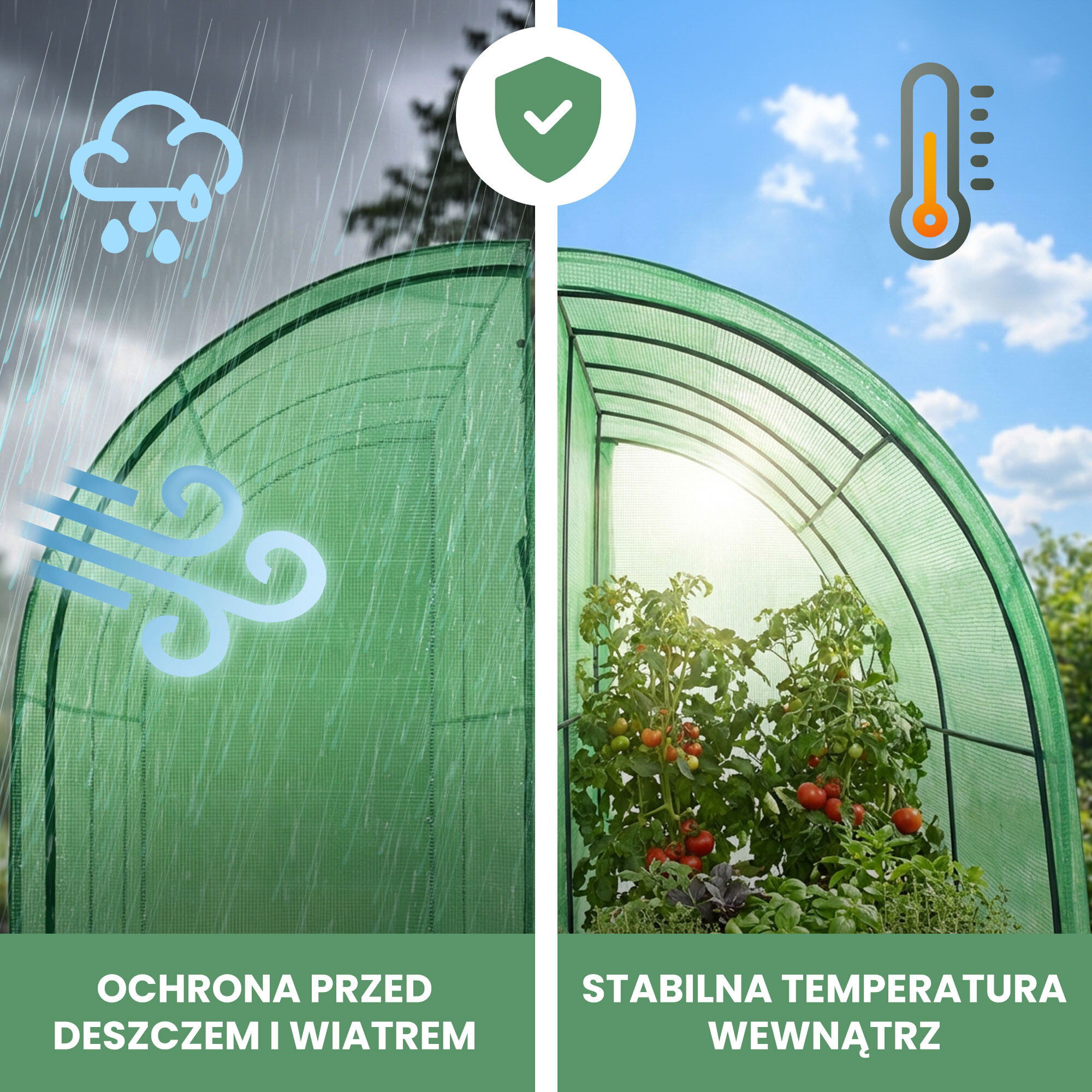 Obraz przedstawia zieloną szklarnię ogrodową podzieloną na dwie części. Po lewej stronie widoczne są ikony deszczu i wiatru z napisem \'Ochrona przed deszczem i wiatrem\', a po prawej stronie ikona termometru z napisem \'Stabilna temperatura wewnątrz\'.