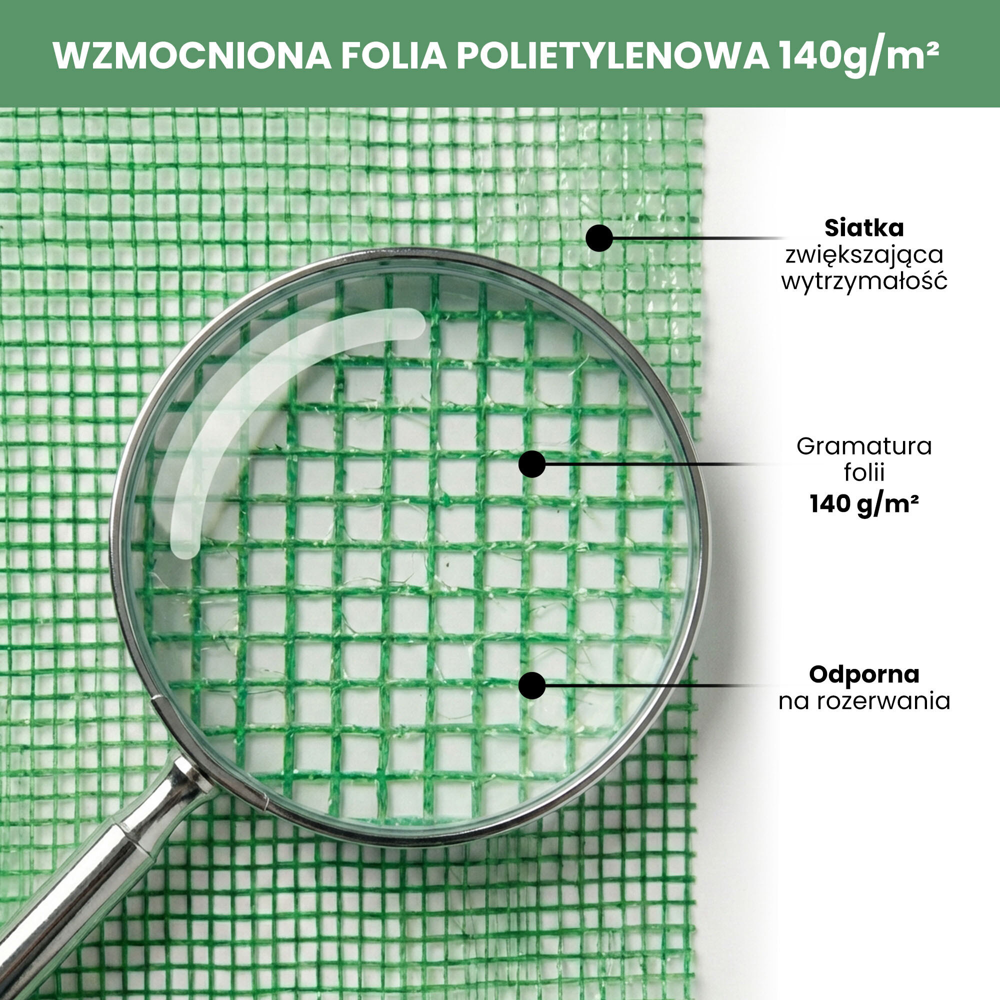 Obraz przedstawia zieloną siatkę z polietylenu z lupą powiększającą jej strukturę. Tekst na obrazie: \'WZMOCNIONA FOLIA POLIETYLENOWA 140g/m²\', \'Siatka zwiększająca wytrzymałość\', \'Gramatura folii 140 g/m²\', \'Odporna na rozerwania\'.