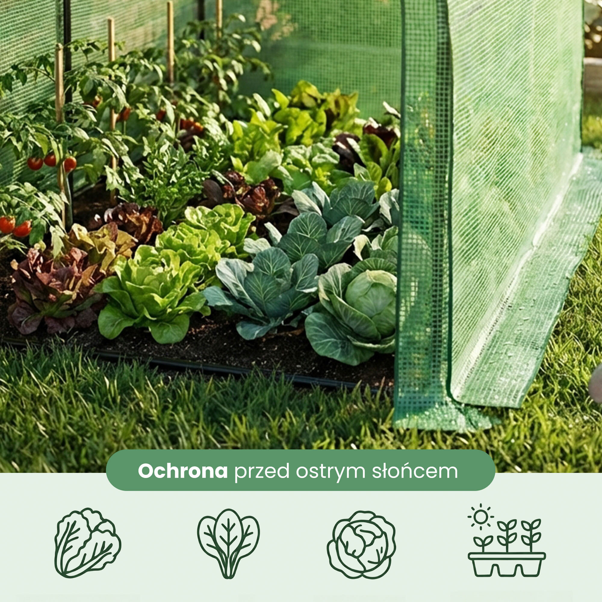 Na obrazie widoczny jest fragment ogrodu z różnymi warzywami, otoczony zieloną folią. Na dole znajduje się napis: \'Ochrona przed ostrym słońcem\' oraz ikony przedstawiające warzywa i rośliny.