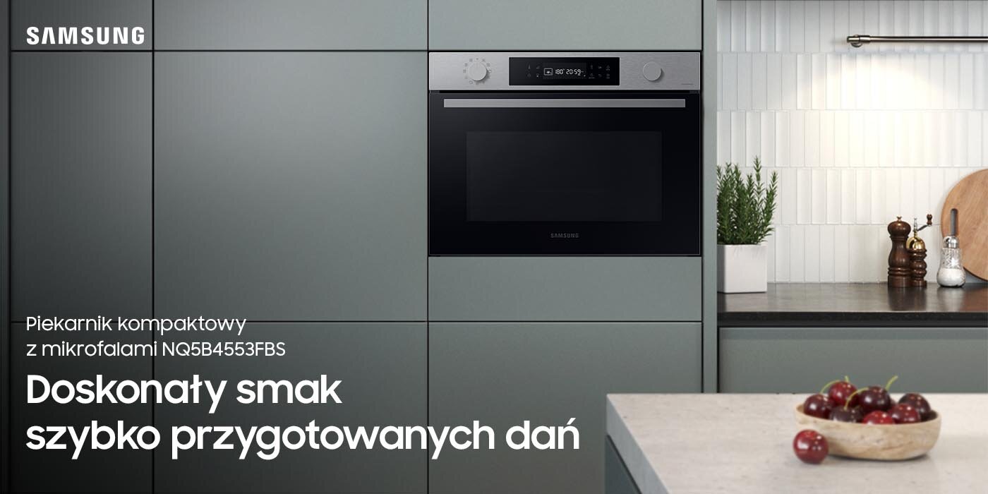 Ilustracja piekarnika kompaktowego parowego NQ5B4553FBS, który stoi w niezwykle minimalistycznej i eleganckiej kuchni. Urządzenie jest dostępne w ofercie sieci sklepów Media Expert.