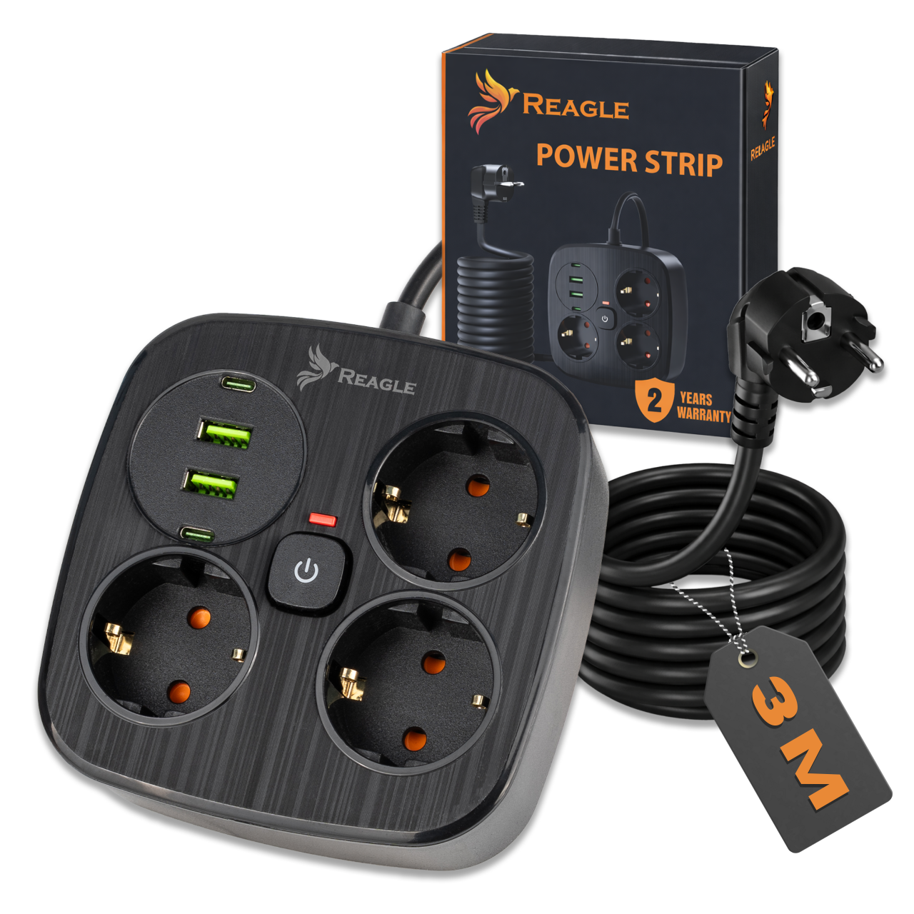Na obrazie widoczna jest listwa zasilająca z trzema gniazdami i czterema portami USB, oznaczona logo Reagle. W tle znajduje się opakowanie z napisem \'POWER STRIP\' oraz etykieta z napisem \'3M\'.