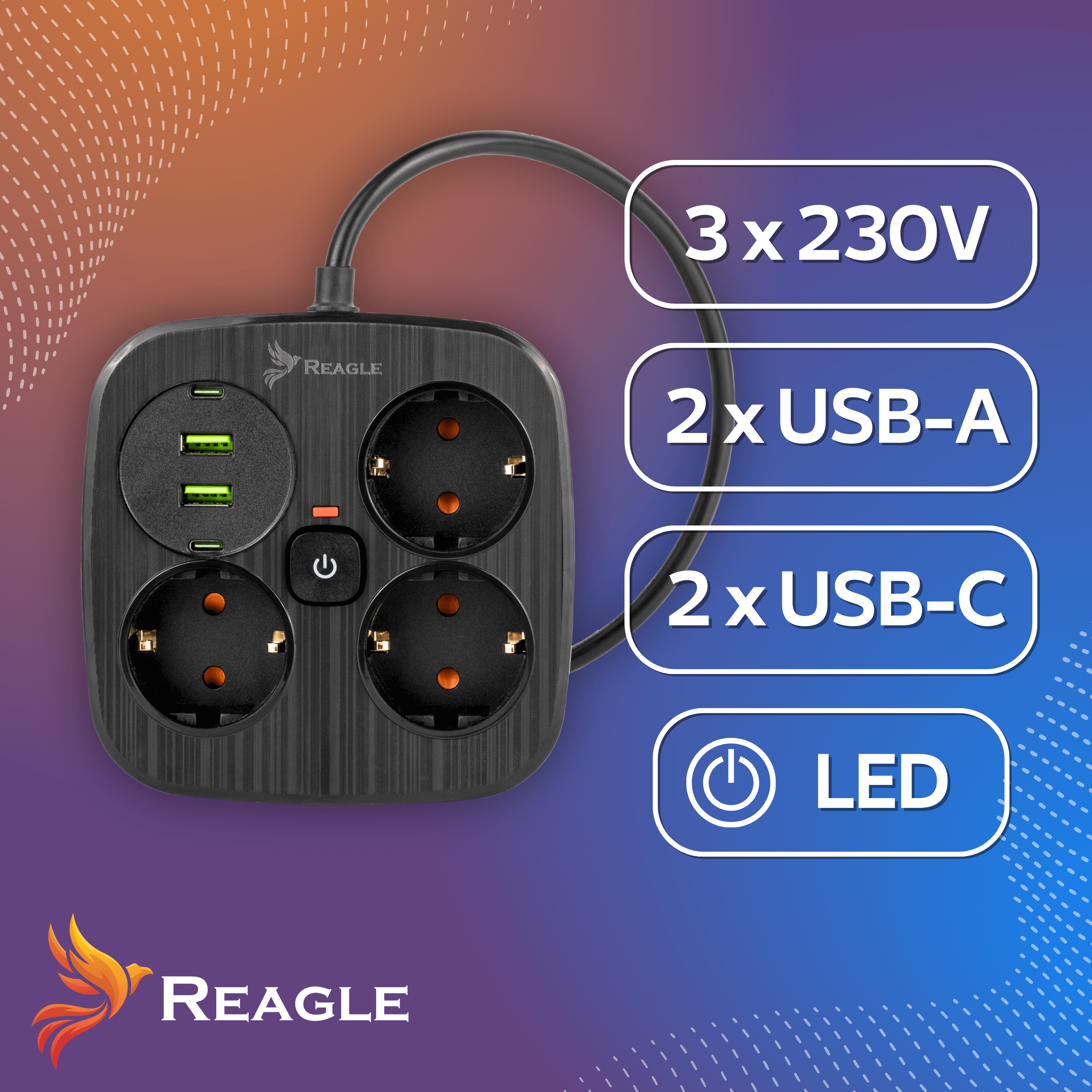 Listwa zasilająca z trzema gniazdami 230V, dwoma portami USB-A i dwoma portami USB-C, z przyciskiem LED. Logo Reagle widoczne na tle gradientowym.