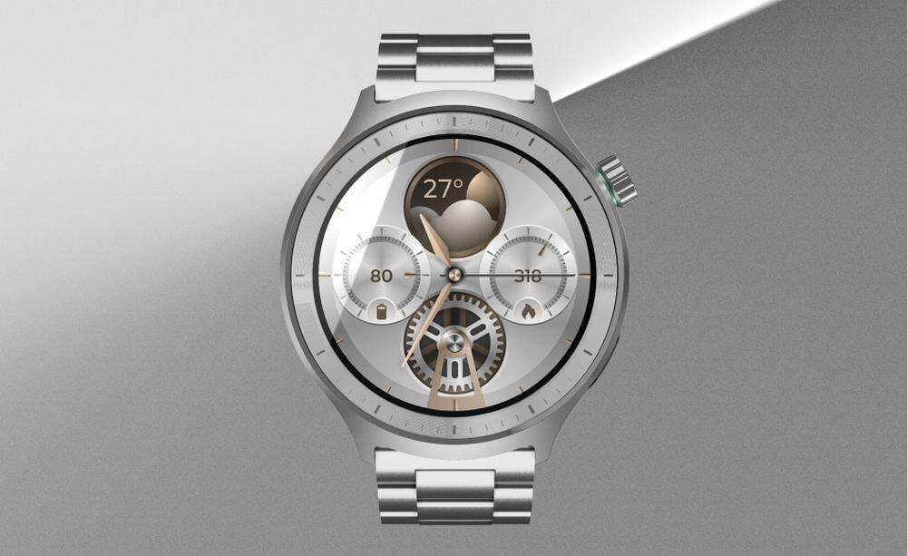 Srebrny smartwatch z okrągłą tarczą, na której widoczne są trzy mniejsze tarcze oraz wskaźnik temperatury 27°. Zegarek ma metalową bransoletę i elegancki design.