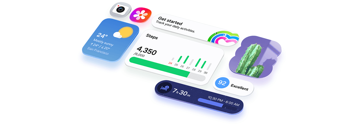 Ikony i widżety One UI 8.5 ułożone w siatce, podkreślając przejrzysty i intuicyjny interfejs. Ikony i widżety One UI 8.5 ułożone w siatce, podkreślając przejrzysty i intuicyjny interfejs.