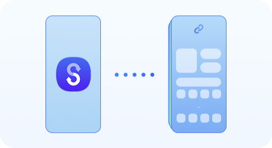 Smartfon z ikoną Smart Switch przesyła dane do innego telefonu, pokazując wiele warstw informacji na ekranie. Smartfon z ikoną Smart Switch przesyła dane do innego telefonu, pokazując wiele warstw informacji na ekranie.