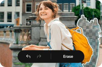 Młoda kobieta oparta o most nad rzeką w mieście; tło pokazuje obiekty przeznaczone do usunięcia funkcją Object Eraser. Młoda kobieta oparta o most nad rzeką w mieście; tło pokazuje obiekty przeznaczone do usunięcia funkcją Object Eraser.