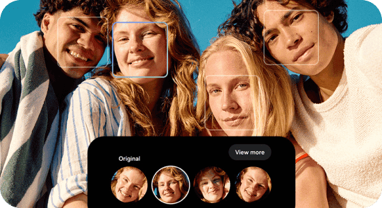 Grupowe zdjęcie czterech młodych osób z opcjami wyboru najlepszego wyrazu twarzy jednej z kobiet dzięki funkcji Best Face.