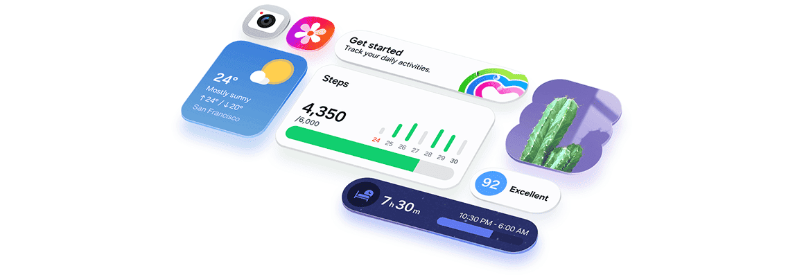 Różne ikony aplikacji i widżety aplikacji z interfejsu użytkownika One UI 8.5 są przejrzyście ułożone w siatce, co podkreśla intuicyjny wygląd.