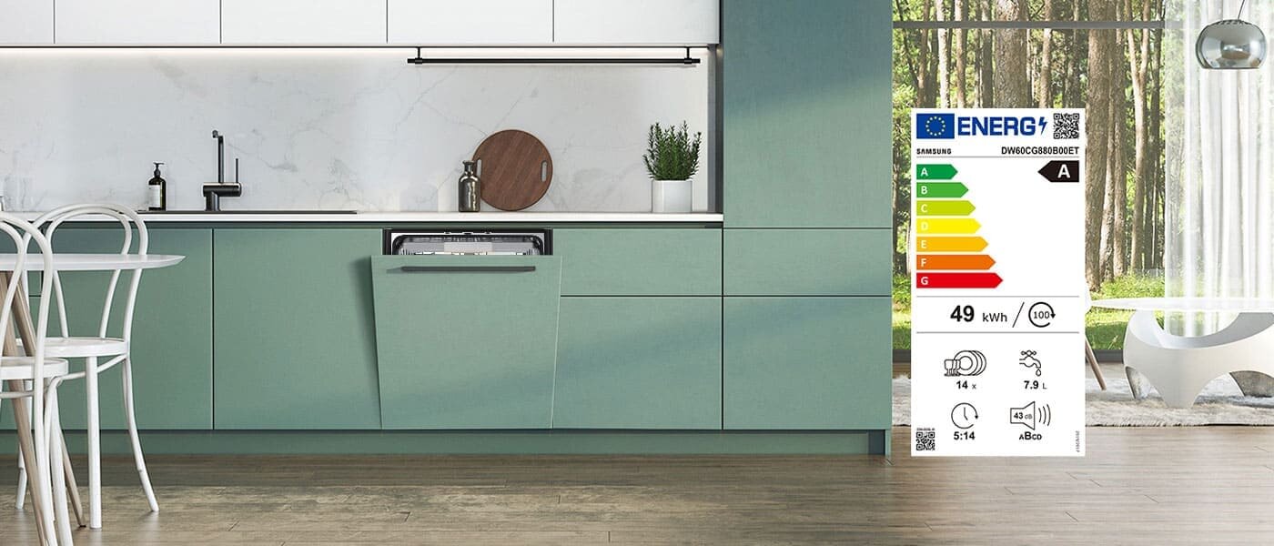 Zdjęcie eleganckiej kuchni oraz znak klasy energetycznej zmywarki typ A