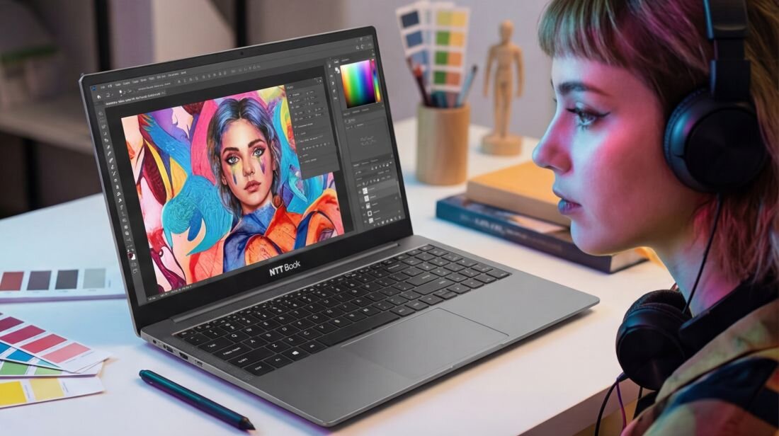 Osoba tworzy kolorową grafikę na laptopie NTT Book podczas pracy kreatywnej przy stanowisku projektowym