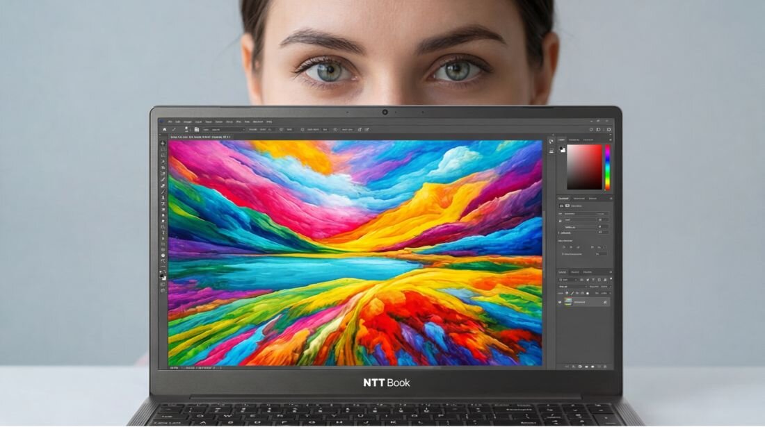 Laptop NTT Book wyświetla kolorową grafikę w programie graficznym podczas pracy kreatywnej przy biurku