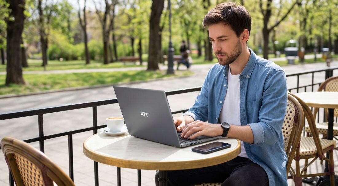 Osoba pracuje na laptopie NTT Book przy stoliku w kawiarni podczas mobilnej pracy na baterii
