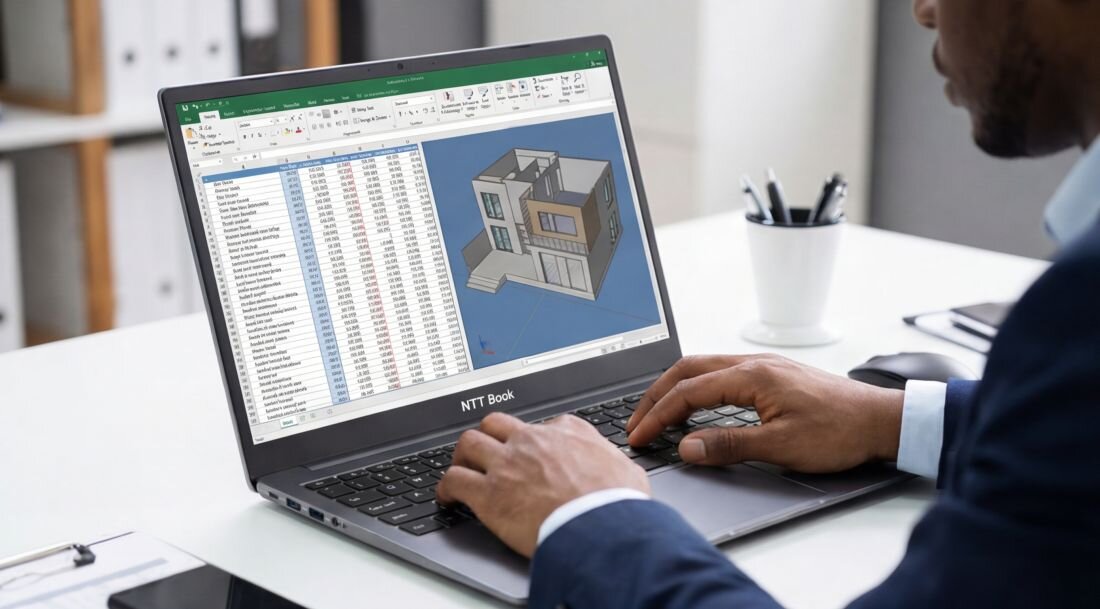 Osoba pracuje na laptopie NTT Book z arkuszem kalkulacyjnym i projektem 3D budynku podczas pracy biurowej