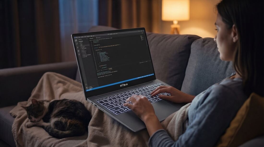 Osoba korzysta z laptopa NTT Book z podświetlaną klawiaturą podczas programowania w domowym środowisku pracy