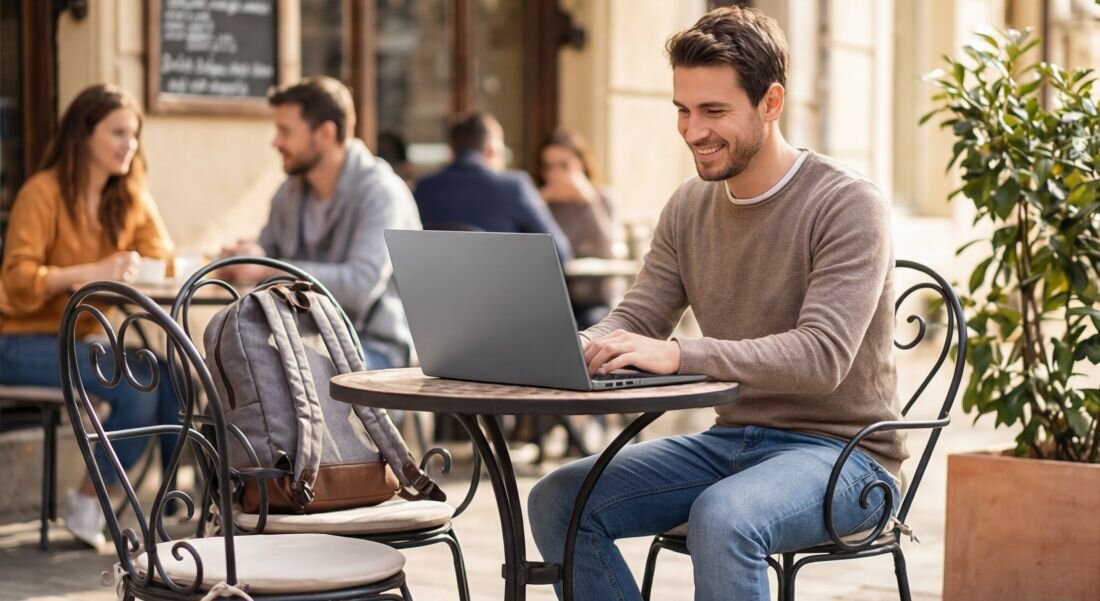 Osoba pracuje na laptopie NTT Book przy stoliku w kawiarni podczas mobilnej pracy i codziennych zadań online