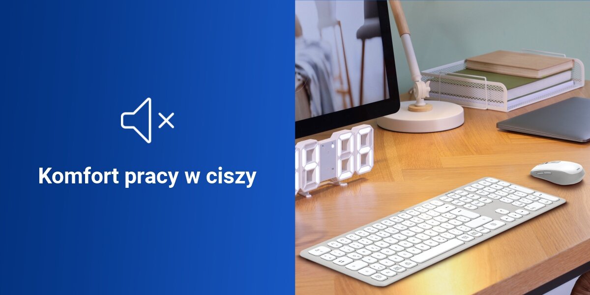 Zestaw HAMA WKM-550 Biało-szary ciche i responsywne klawisze, mechanizm nożycowy, laserowy nadruk na przyciskach
				niebieskie tło, produkt na biurku, napis komfort pracy w ciszy