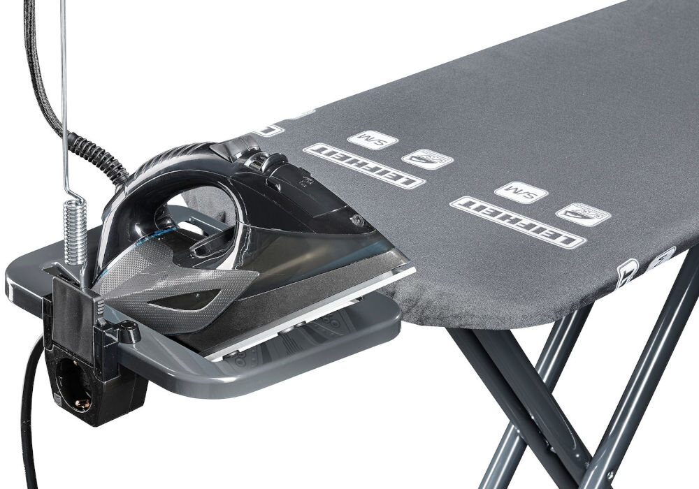 Deska do prasowania LEIFHEIT Air Board M Black Plus zintegrowana podstawka pod żelazko stabilne bezpieczne miejsce na żelazko gniazdko elektryczne uchwyt na kabel zwiększony komfort pracy prasowanie 