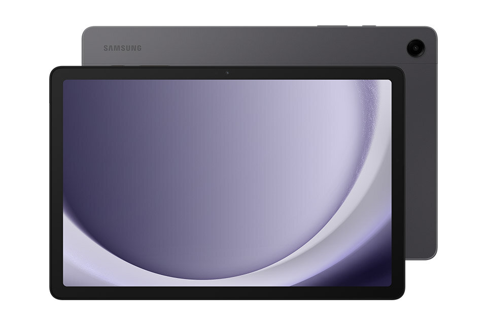 Galaxy Tab A9+ Na obrazie widoczny jest tablet z dużym ekranem, na którym wyświetlany jest abstrakcyjny wzór w odcieniach fioletu. W tle widać tylną część urządzenia z logo \'SAMSUNG\' i pojedynczym obiektywem aparatu.