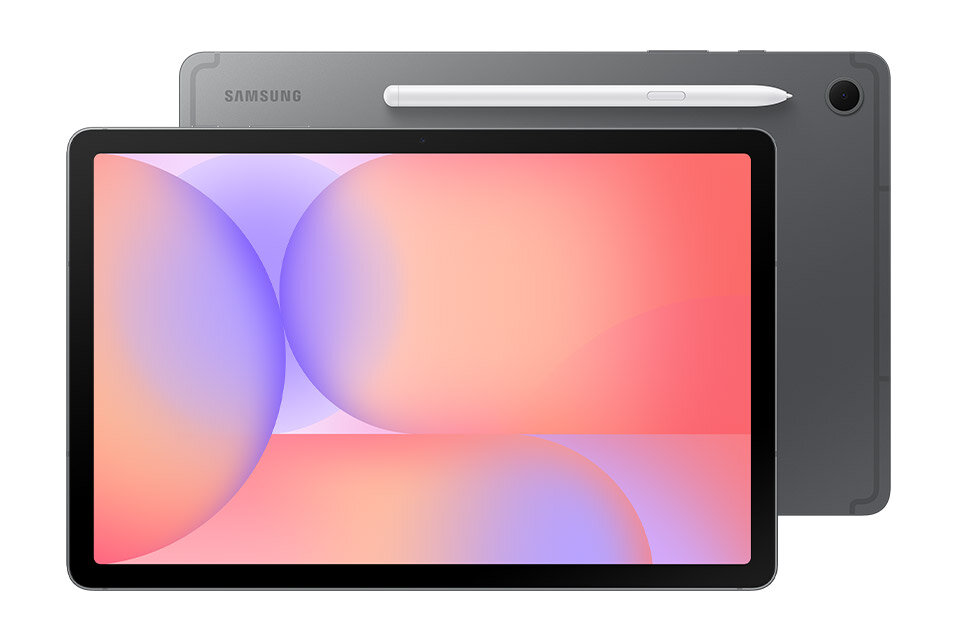 Galaxy Tab S10 Lite Tablet z wyświetlaczem o abstrakcyjnym, kolorowym tle oraz rysik S Pen umieszczony na tylnej obudowie. Na obudowie widoczne jest logo \'SAMSUNG\'.