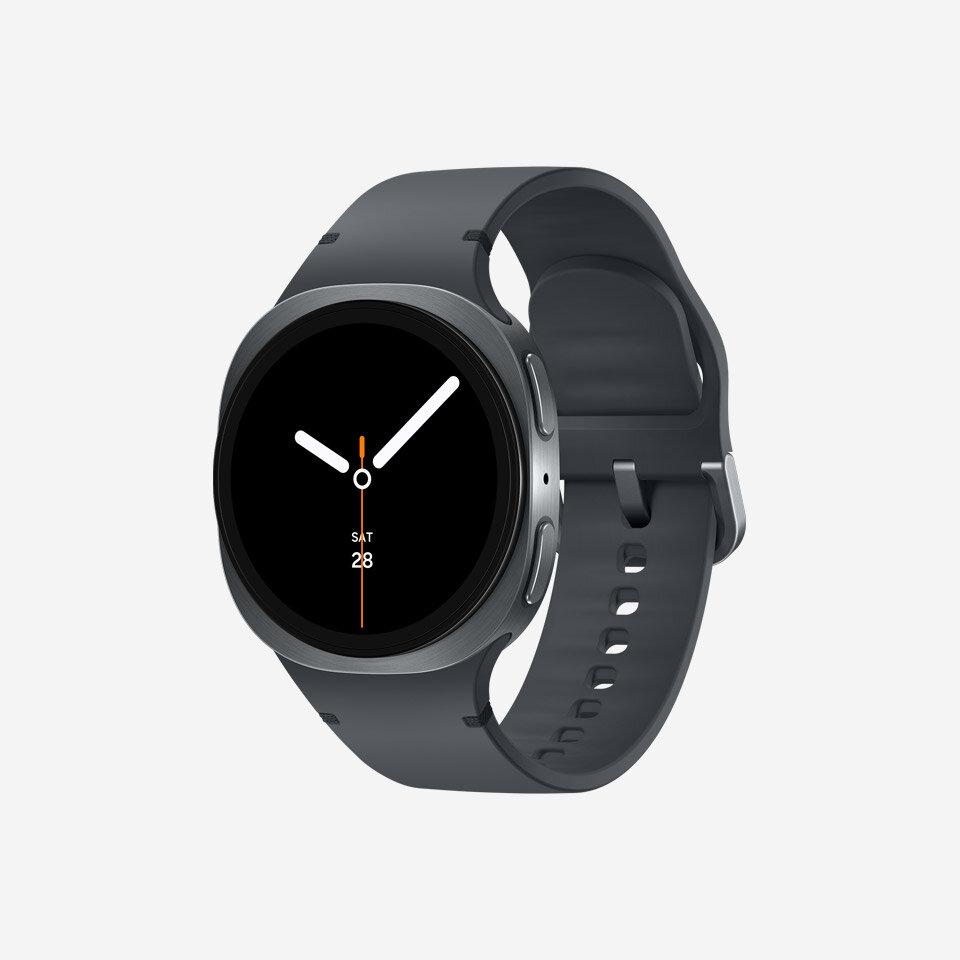 Galaxy Watch8 Smartwatch z okrągłym wyświetlaczem, czarnym paskiem i tarczą zegarka pokazującą godzinę 10:10 oraz datę \'SAT 28\'.