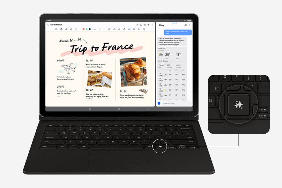 Urządzenie Galaxy Tab S10 Lite z dołączoną klawiaturą Book Cover wyświetla na ekranie aplikację Notatki. Ekran jest podzielony, aby wyświetlić rozmowę z Bixby po jednej stronie. Zbliżenie podkreśla Galaxy AI Key na klawiaturze, pokazując jego lokalizację. Tablet z klawiaturą wyświetla notatkę zatytułowaną \'Trip to France\' z datami i zdjęciami. Obok znajduje się zbliżenie na klawisz z symbolem strzałek na klawiaturze.