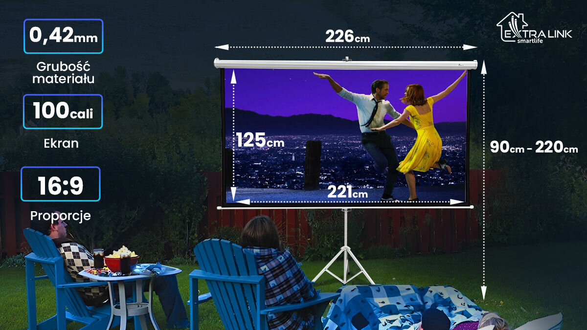 Ekran projekcyjny EXTRALINK PSR-100 220x125 - solidna konstrukcja przenosna, wysokosc, korzystanie, potrzeby