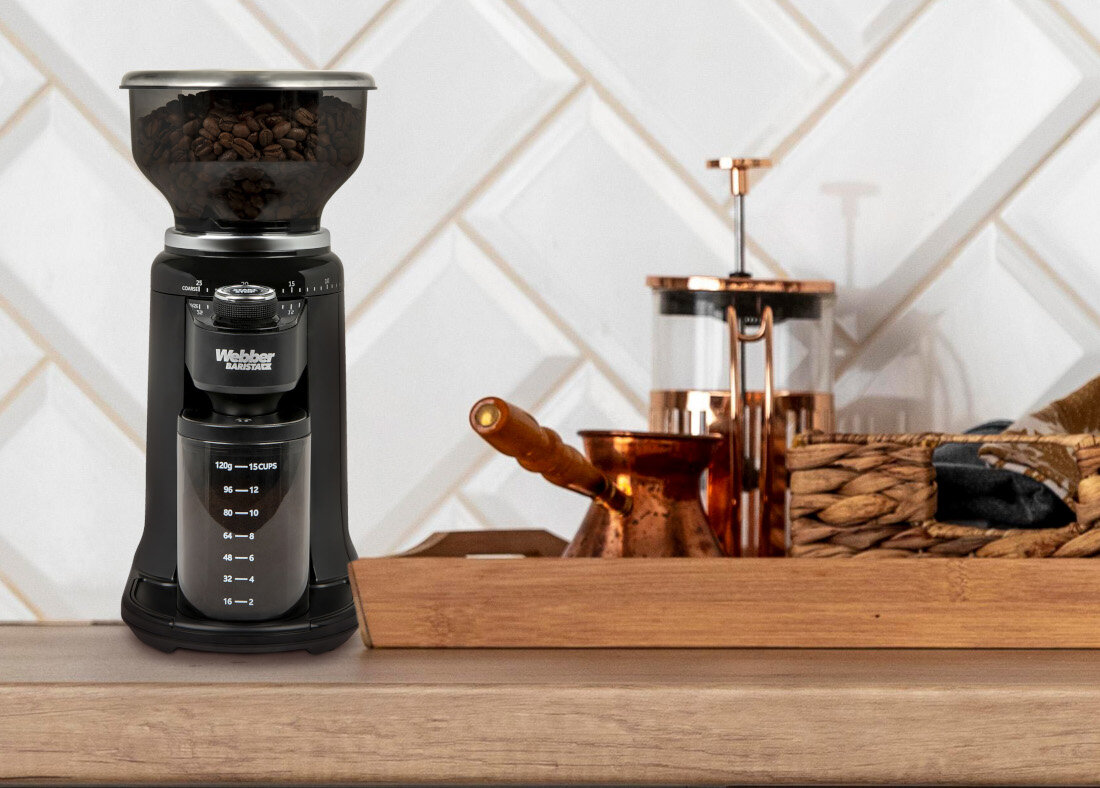 Młynek do kawy WEBBER CG6 wygląd prezentacja wizualizacja design tło Precyzja mielenia kawy