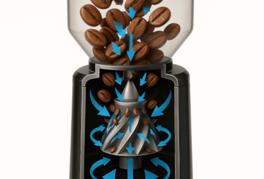 Młynek do kawy WEBBER CG6 Żarna o dużej średnicy Stożkowe żarna 78 mm z hartowanej stali nierdzewnej Równe cząstki kaw redukuje czas mielenia naturalny aromat w każdej filiżance